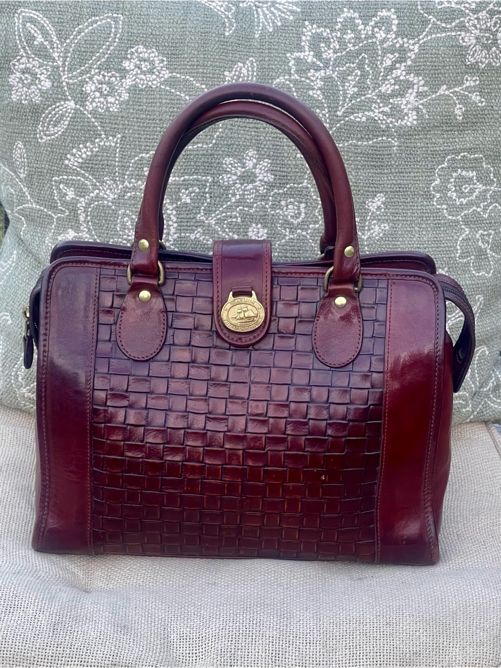 RARE Vintage Brahmin Woven Leather Satchel Handbag - Oxblood Burgundy